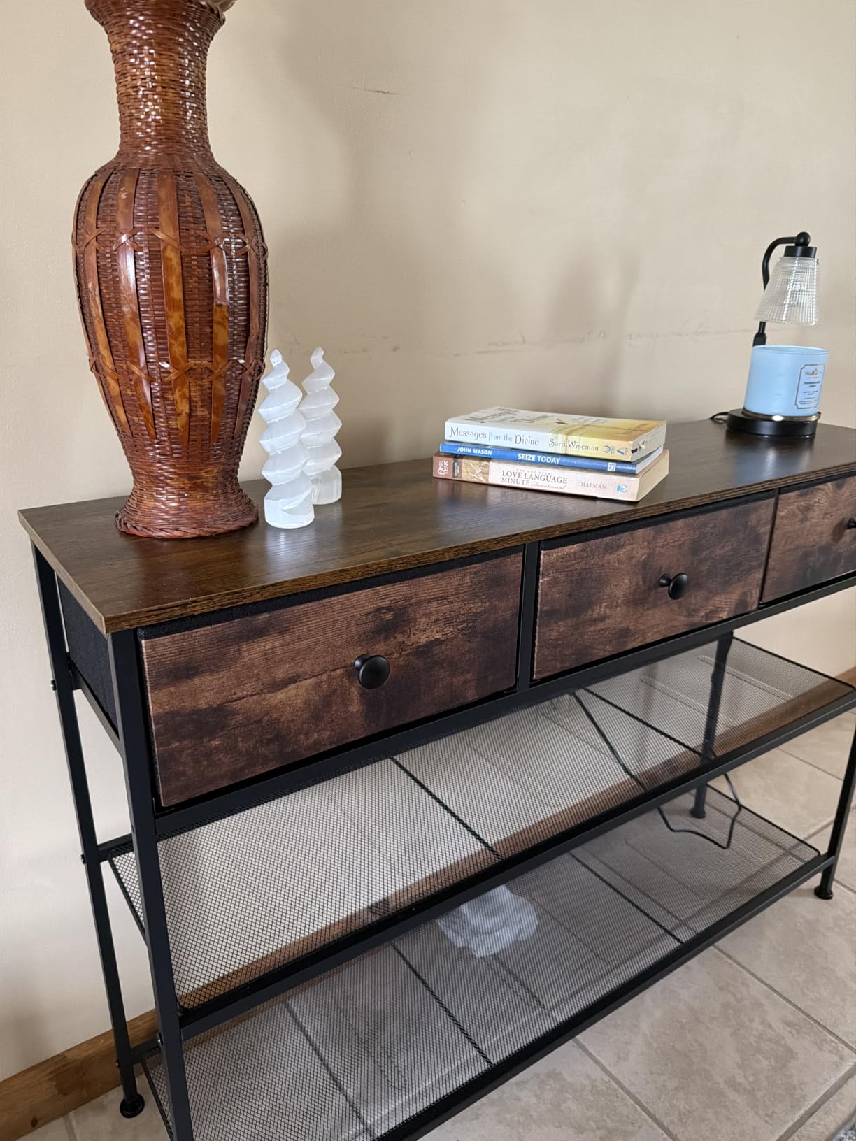 SONGMICS Console Table with 3 Fabric Drawers, Narrow Entryway Furniture | Narrow Console Table with Storage, 38.9 x 11.8 x 31 inch, Storage Shelves, Rustic Brown, BELLAH Collection ULGS098K101 customer photo 1