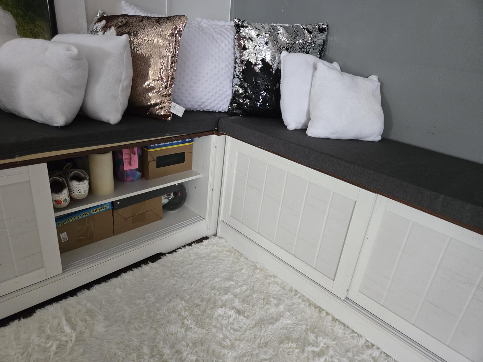 UPOSOJA Farmhouse L Shaped Breakfast Nook Bench, Shoe Storage Bench with Cushion, Slide Barn Doors, Adjustable Shelf and 1 Cabinet for Entryway Dining Room, Kitchen (White-Brown) customer photo 1