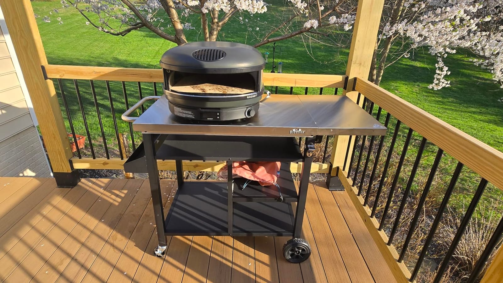 BIG HORN OUTDOORS Grill Cart, Stainless Steel Outdoor Grill Table for Infrared Grill, Pizza Oven Stand Compatible with Big Horn, Ninja, Ooni Pizza Ovens, Outdoor Cooking Table, 48.4