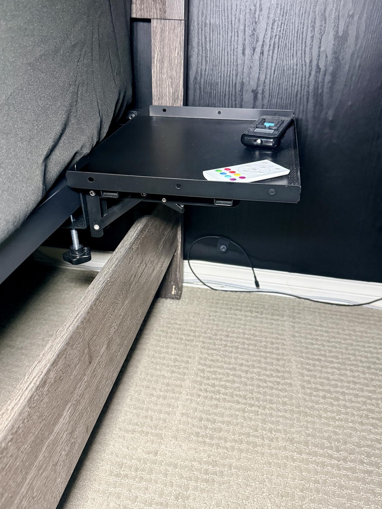 Metal Bedside Shelf Table Tray with Cup Holder, Foldable Bed Side Table for Bunk Bed & Top Bunk, College Dorm Room Essentials for Guys & Girls, Clip-on Laptop Nightstand for IKEA Beds, White customer photo 1