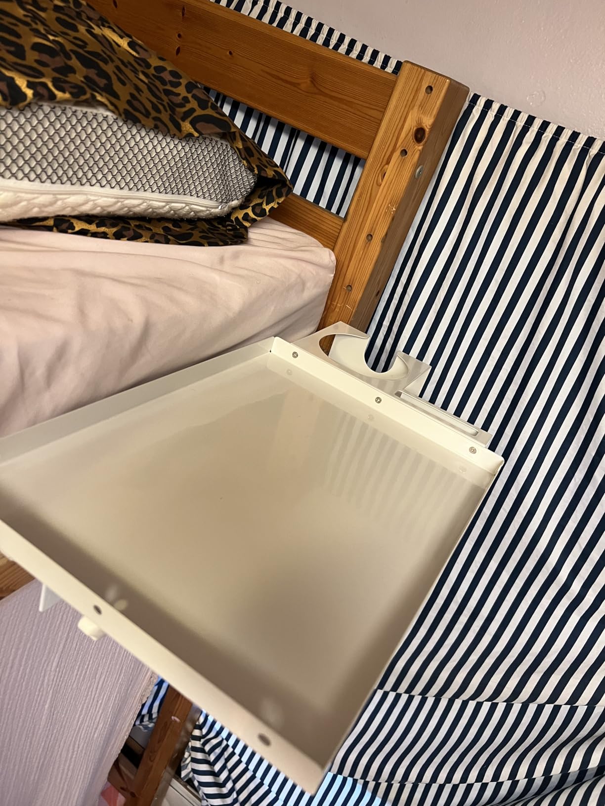 Metal Bedside Shelf Table Tray with Cup Holder, Foldable Bed Side Table for Bunk Bed & Top Bunk, College Dorm Room Essentials for Guys & Girls, Clip-on Laptop Nightstand for IKEA Beds, White customer photo 2