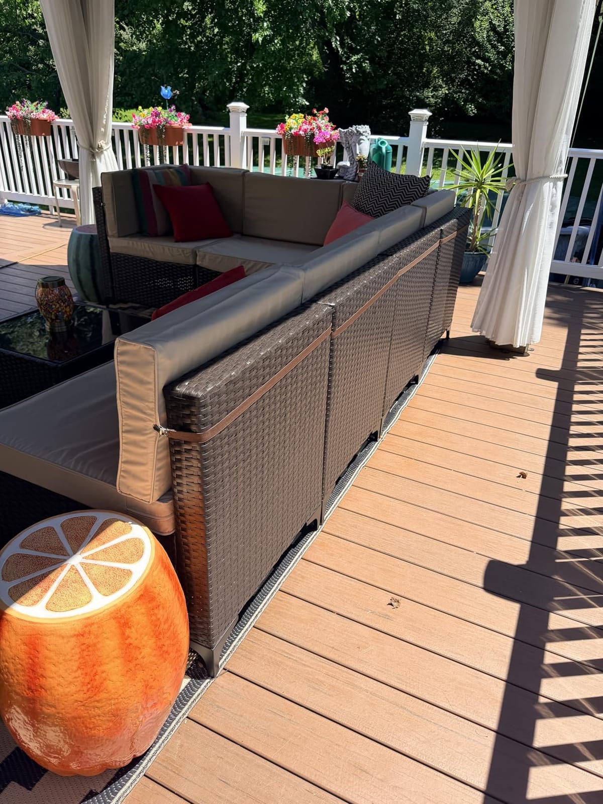 Shintenchi 7 Pieces Patio Furniture Sets Outdoor All-Weather Sectional Patio Sofa Set PE Rattan Manual Weaving Wicker Patio Conversation Set with Glass Table&Ottoman Cushion and Red Pillows, Beige customer photo 1