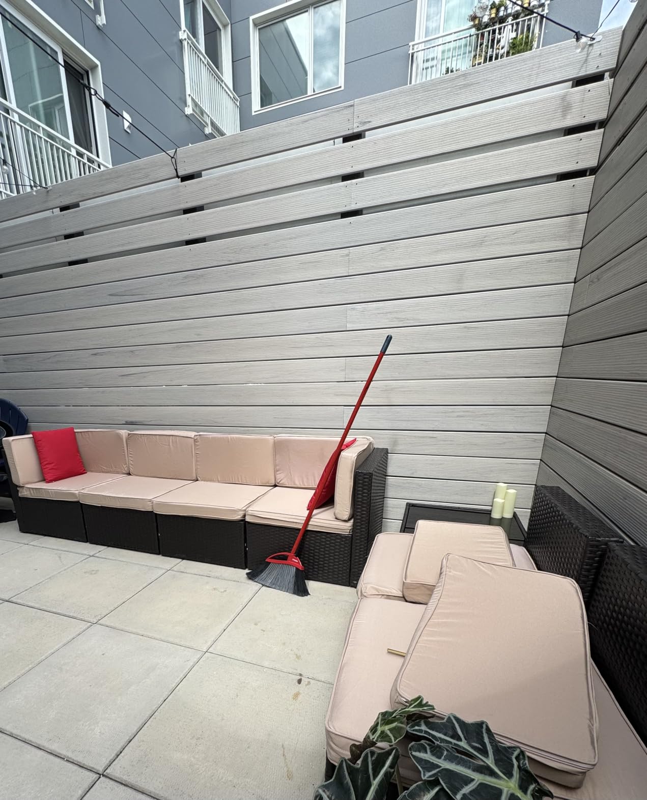 Shintenchi 7 Pieces Patio Furniture Sets Outdoor All-Weather Sectional Patio Sofa Set PE Rattan Manual Weaving Wicker Patio Conversation Set with Glass Table&Ottoman Cushion and Red Pillows, Beige customer photo 2
