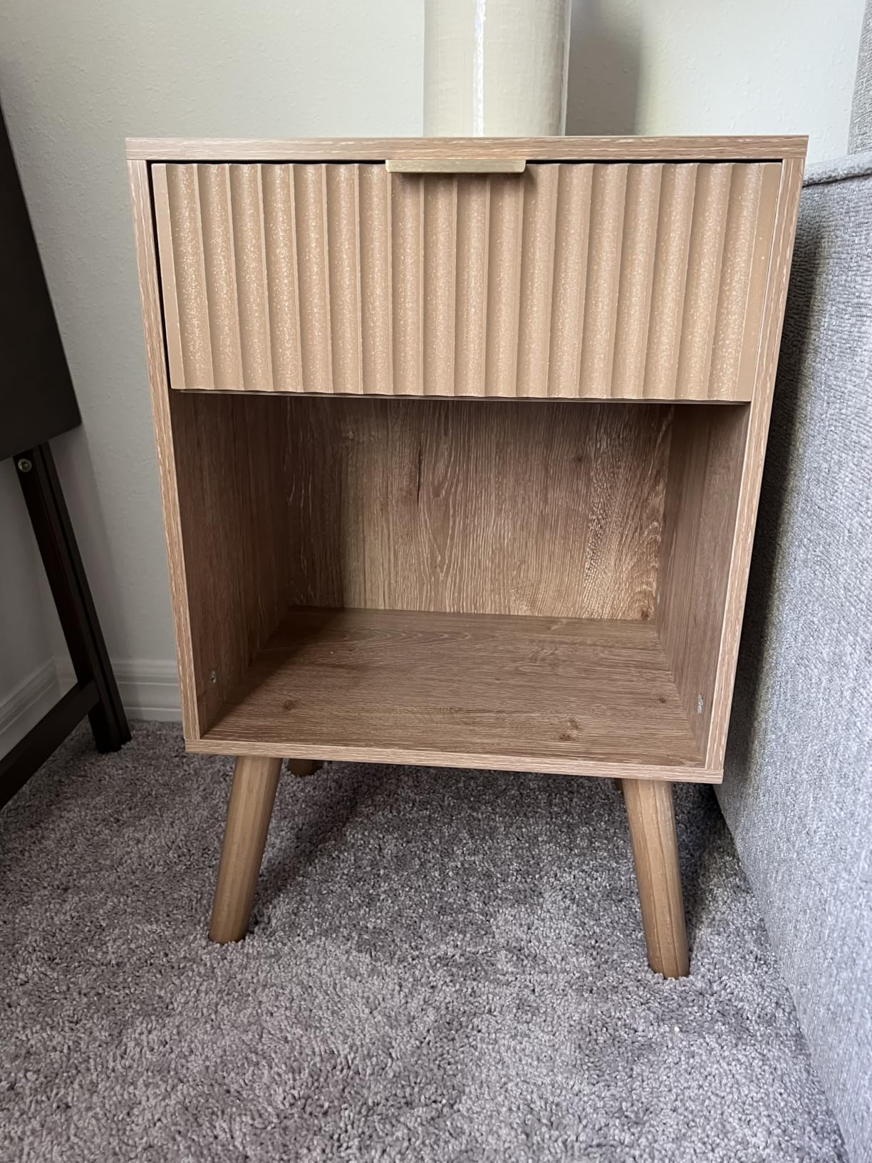 Fultyle Walnut Nightstand, Fluted Bedside Table with Drawer and Open Shelf | Mid Century Modern Night Stand, Wooden End Side Table with Solid Wood Legs, for Bedroom, Living Room, Office (Walnut Brown) customer photo 2