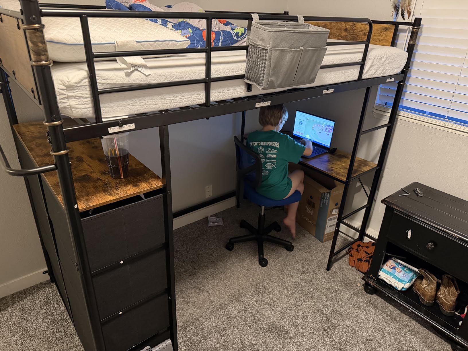 Twin Loft Bed with Desk and 8 Storage Drawers, Metal Loft Bed Twin Size with LED Lights & Charging Station, Bed Frame with Hanging Rod, Safety Guardrail & Ladder, for Kids & Teens (Rustic Brown) customer photo 1