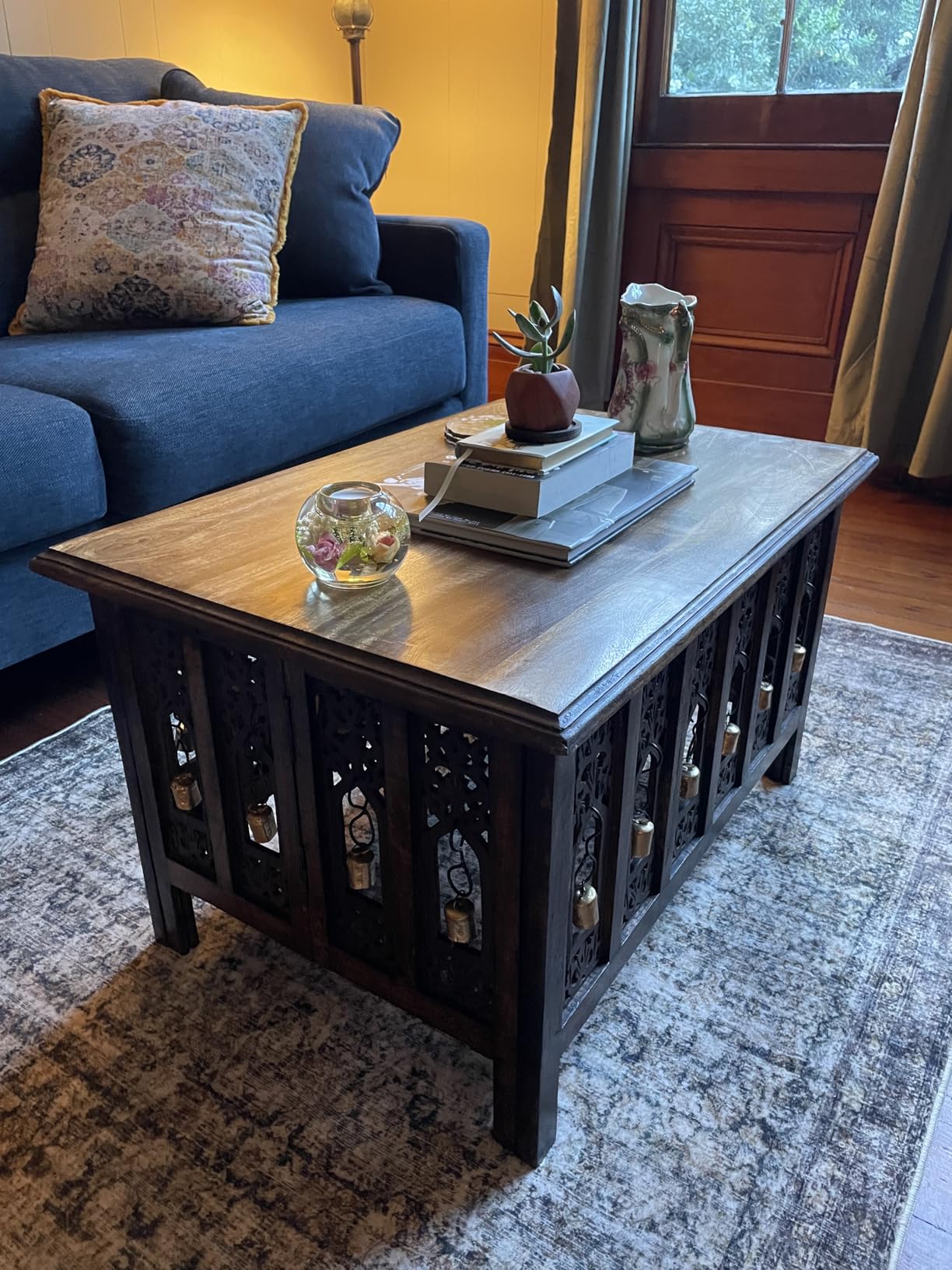 COTTON CRAFT Solid Wood Coffee Table - Hand Carved Decorative Center Table | 30.5x21.5x18 inch Antique Brown 100% Mango Wood Living Room Table with Storage Shelf - Easy Assembly Rustic Farmhouse Table customer photo 1