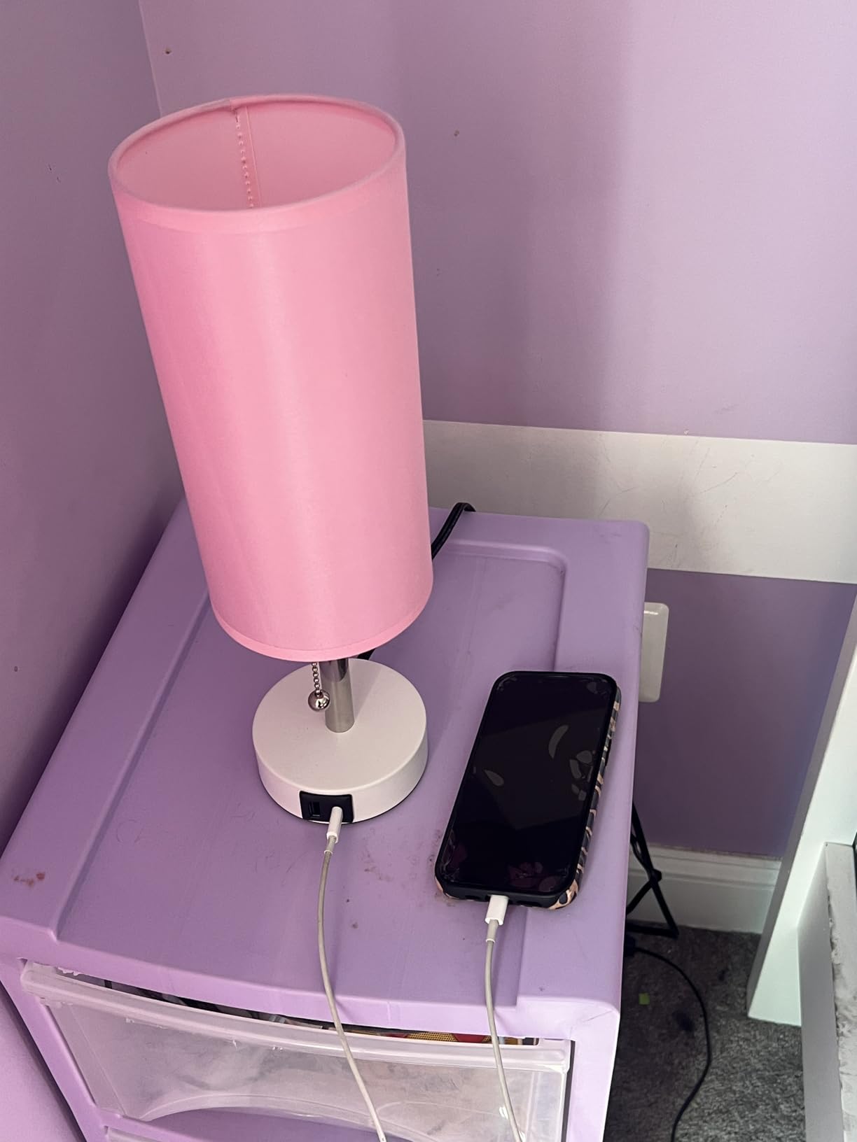 Dicoool Pink Bedside Table Lamp for Girls Bedroom - USB A+C Charging Ports | 3 Color Temperatures, Bulb Included, Pink Fabric Shade, White Metal Base, Cute Pink Room Decor, 14