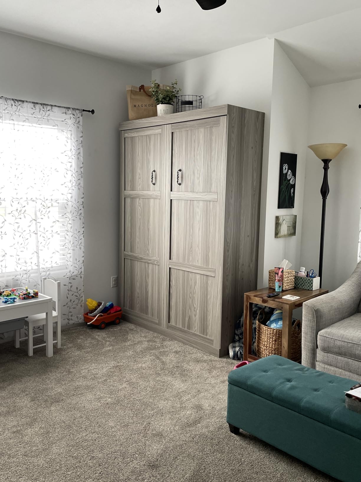 RuiSiSi Queen Size Murphy Bed Foldable Wall Bed Frame with Desk, White | Farmhouse Murphy Bed Cabinet Desk Combo, Space-Saving Hideaway Wall Bed with Gas Struts for Guest Room Home Office customer photo 2