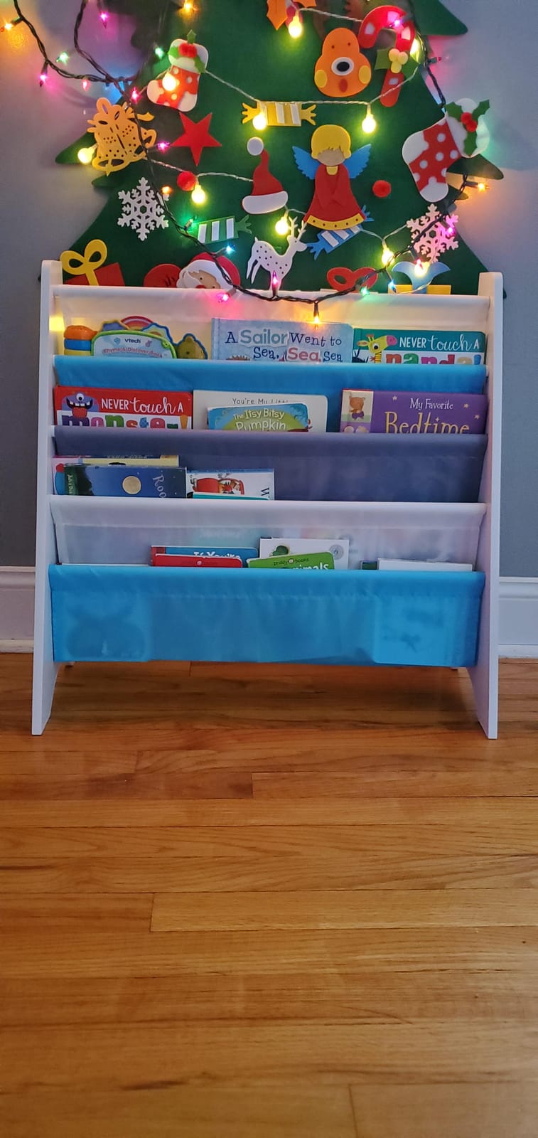 SONGMICS Kids Bookshelf, 4-Tier Sling Bookcase, Fabric Organizer for Toddlers, Child-Friendly Storage Rack for Playroom, 24.6 x 9.8 x 23.6 Inch, Dove Gray and White, TEZA Collection UGKR079GD01 customer photo 1