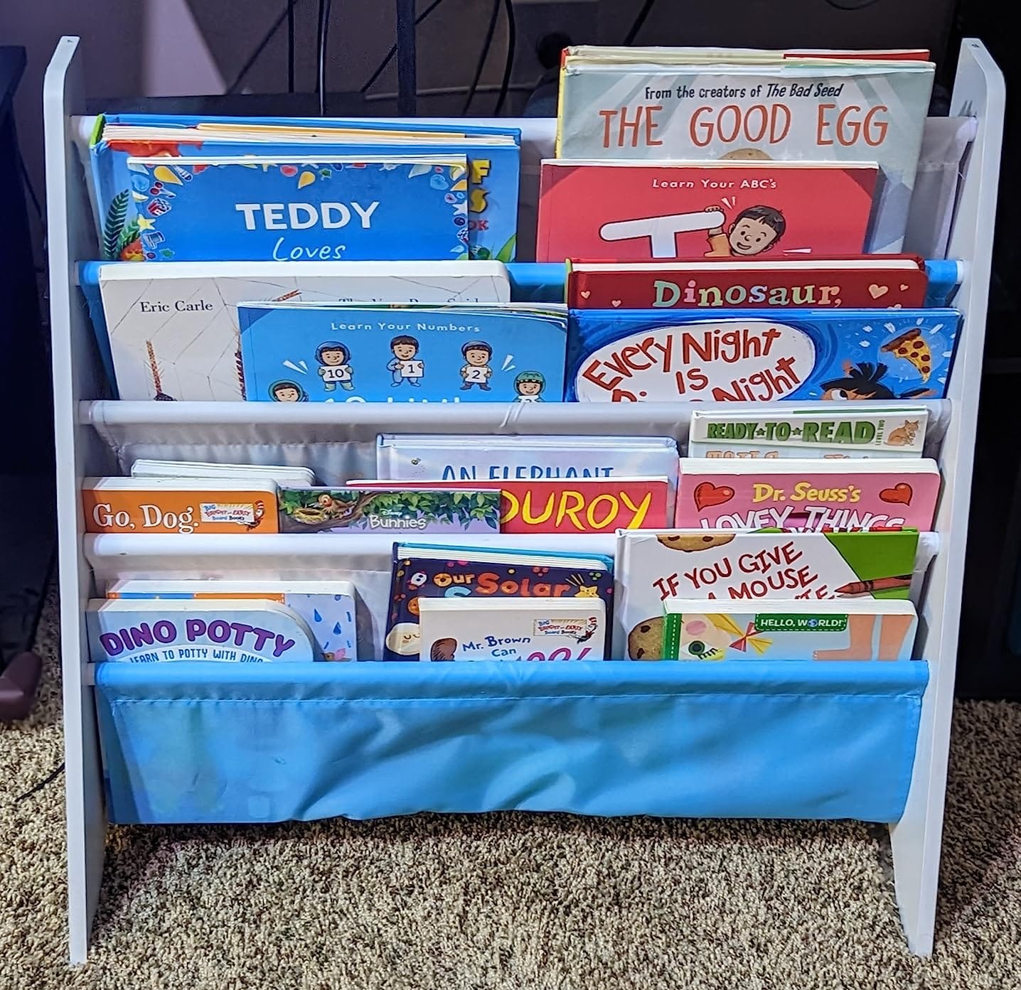 SONGMICS Kids Bookshelf, 4-Tier Sling Bookcase, Fabric Organizer for Toddlers, Child-Friendly Storage Rack for Playroom, 24.6 x 9.8 x 23.6 Inch, Dove Gray and White, TEZA Collection UGKR079GD01 customer photo 2