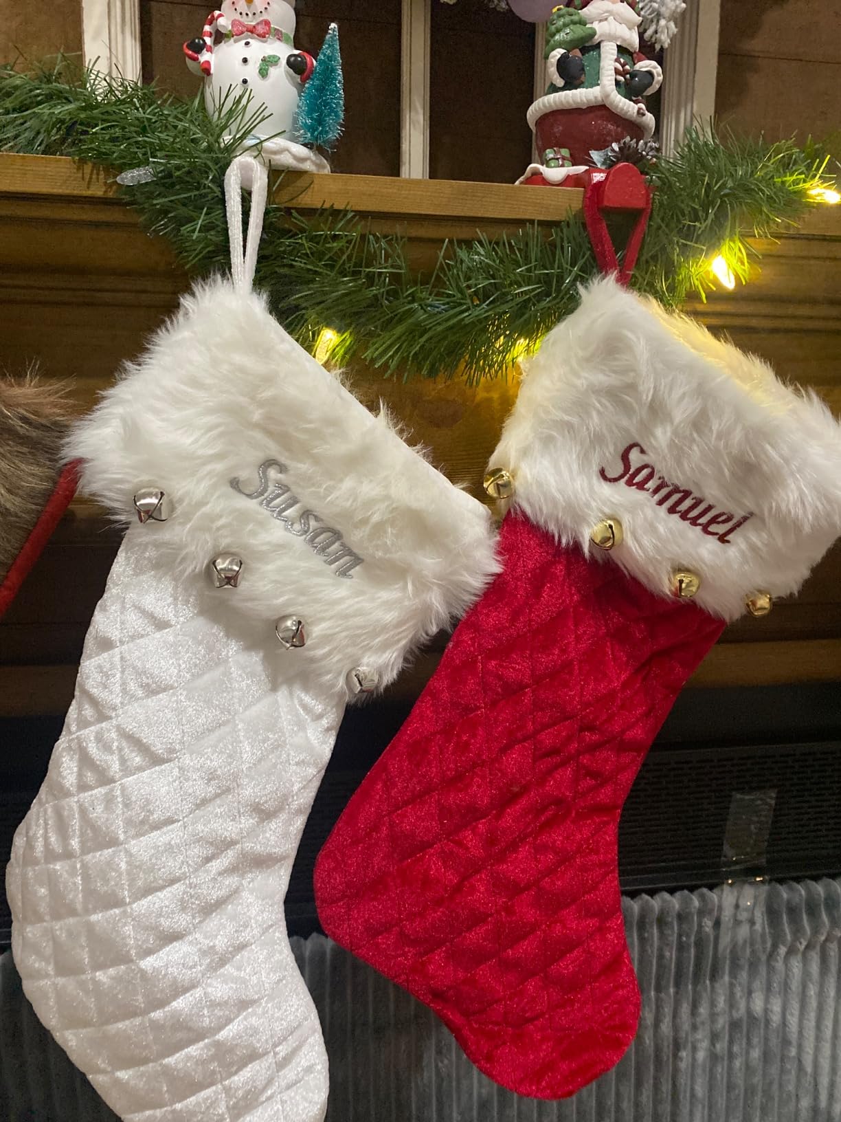 GiftsForYouNow Ivory Velvet Quilted Personalized Stocking with Bells, 20