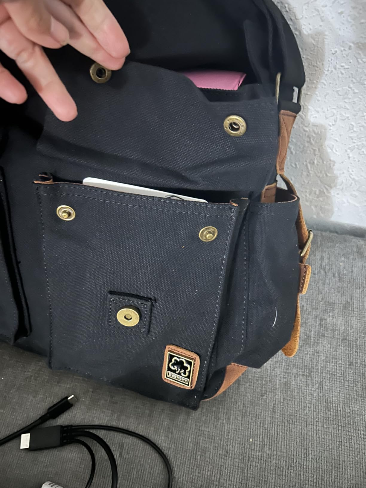 Sechunk Vintage Military Leather Canvas Laptop Bag Messenger Bags Medium customer photo 2