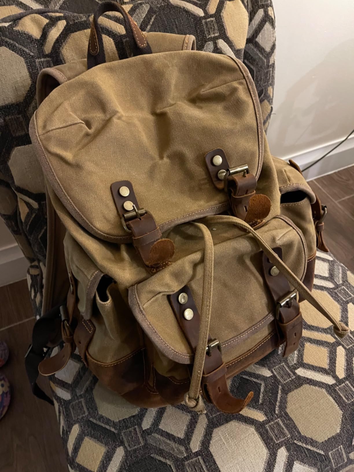 WUDON Men Travel Backpack, Genuine Leather-Waxed Canvas Shoulder Hiking Rucksack customer photo 2