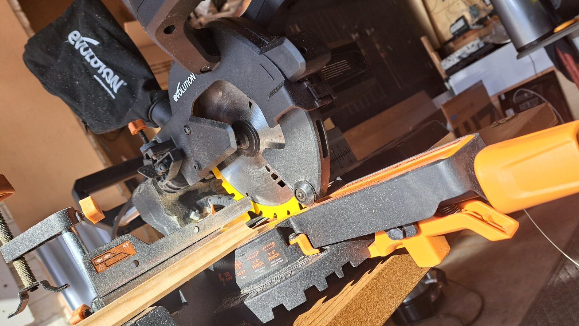 Evolution Power Tools R185SMS+ Sliding Miter Saw with Multi-Material Cutting, 45 Degree Bevel, 50 Degree Miter, 210 mm Slide, Blade Included Cuts Wood Plastic Metal & More, 7-1/4