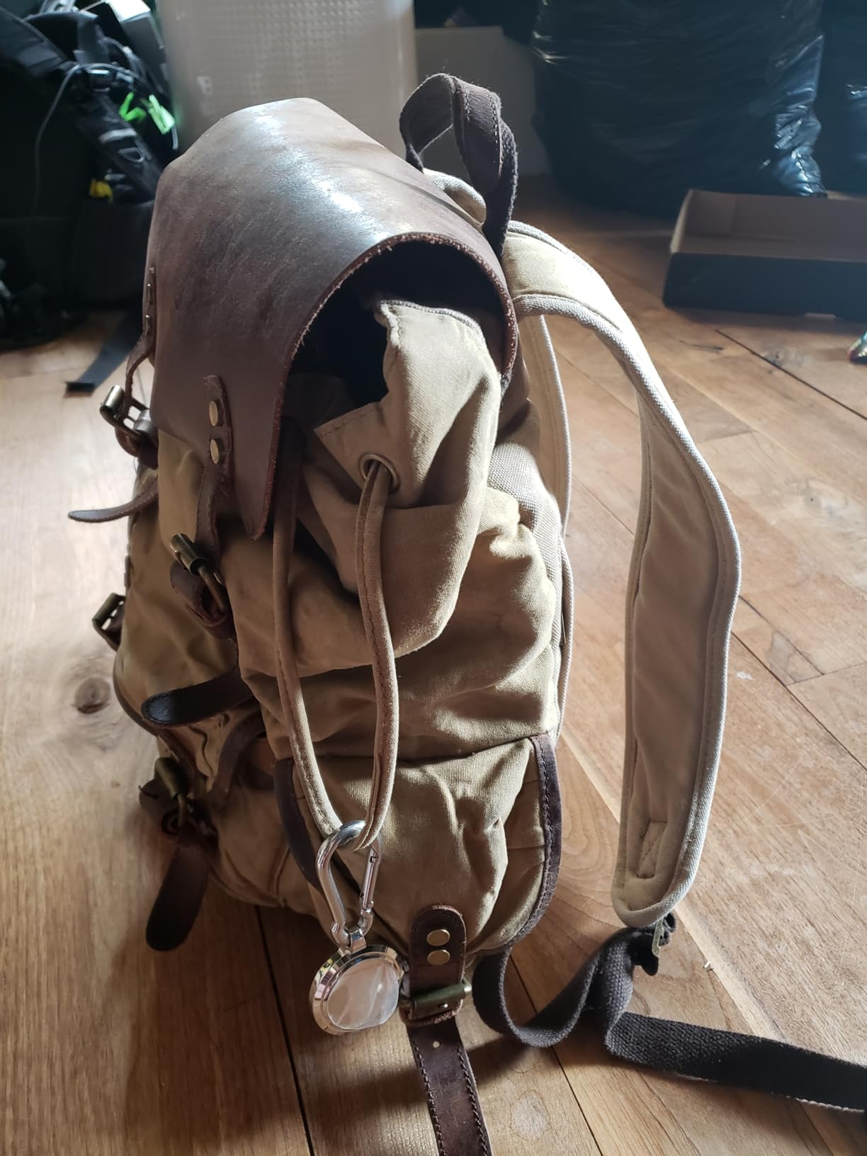 HuaChen Vintage Waxed Canvas Backpack with Genuine Leather Flap, Travel & Work Rucksack, Water-Resistant Daypack with Anti-Theft Pocket, Large (15.6