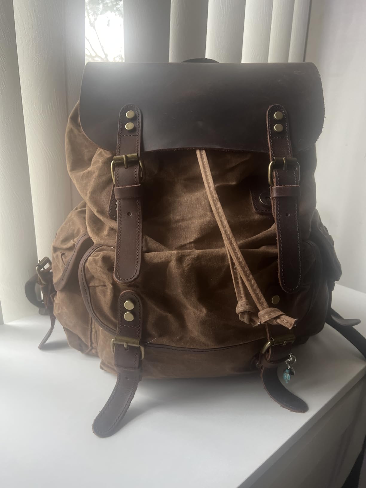 HuaChen Vintage Waxed Canvas Backpack with Genuine Leather Flap, Travel & Work Rucksack, Water-Resistant Daypack with Anti-Theft Pocket, Large (15.6
