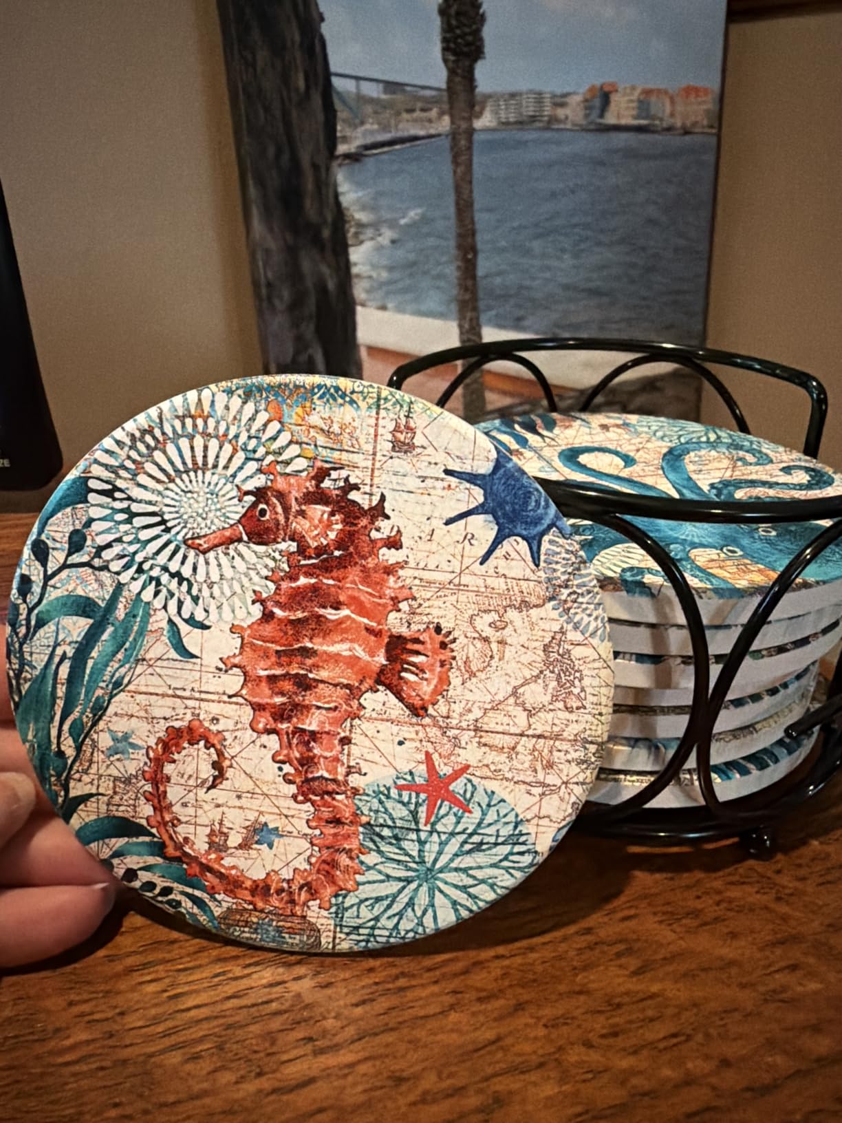 Teivio Absorbing Stone Sea Ocean Life Coasters for Drinks, Cork Base with Holder,Coastal Decor Beach Theme Tropical,for Housewarming Apartment Kitchen Bar Decor, For Wooden Table Coffee table,Set of 8 customer photo 2