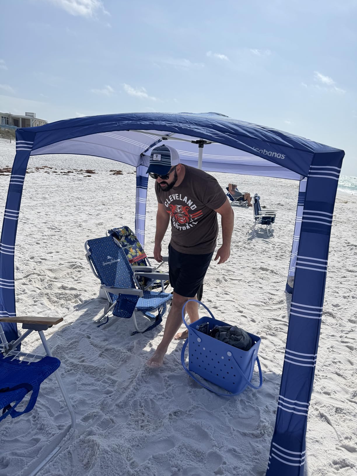 CoolCabana Beach Shade Tent - Easy Setup, UPF 50+ Protection, Large & Medium Sizes, Compact & Wind Resistant - Beach Cabana for The Whole Family - Navy Stripes, Medium customer photo 2