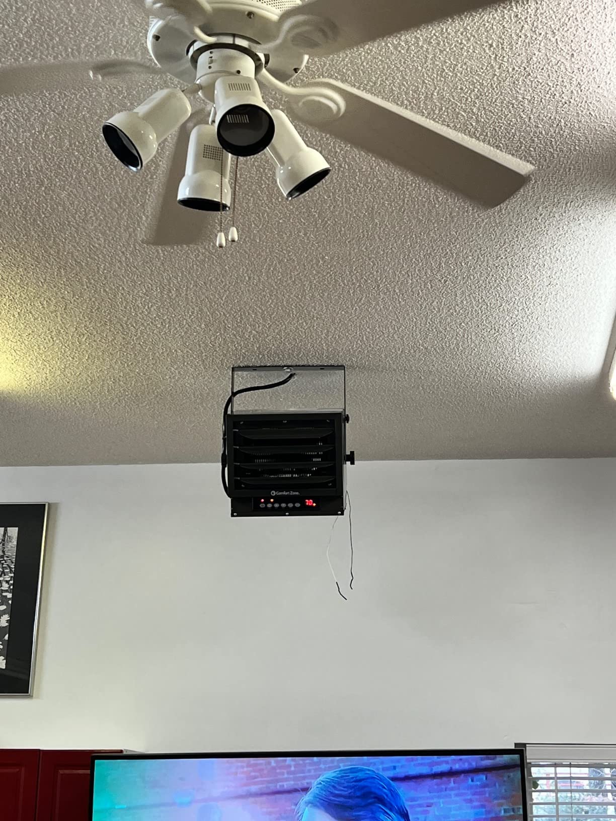 Comfort Zone Hard-Wired Ceiling Mount Garage Space Heater with Remote, 7,500 Watt, 240 Volt, Fan-Forced, Overheat Protection, Digital Thermostat, 12-Hour Timer, Ideal for Garage & Workshop, CZ230ERBK | Digital thermostat, 12-hour timer, and remote control. Directional louvers and tilting mount for precise airflow. customer photo 1