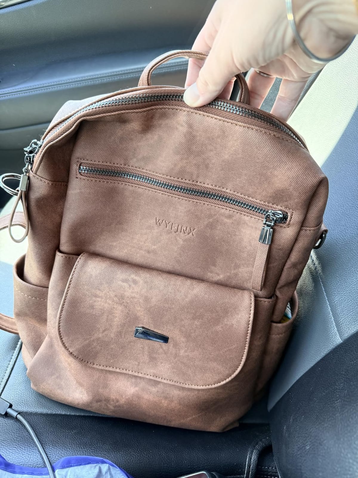 WYFJNX PU Leather Small Backpack Purse for Women Ladies Brown customer photo 1