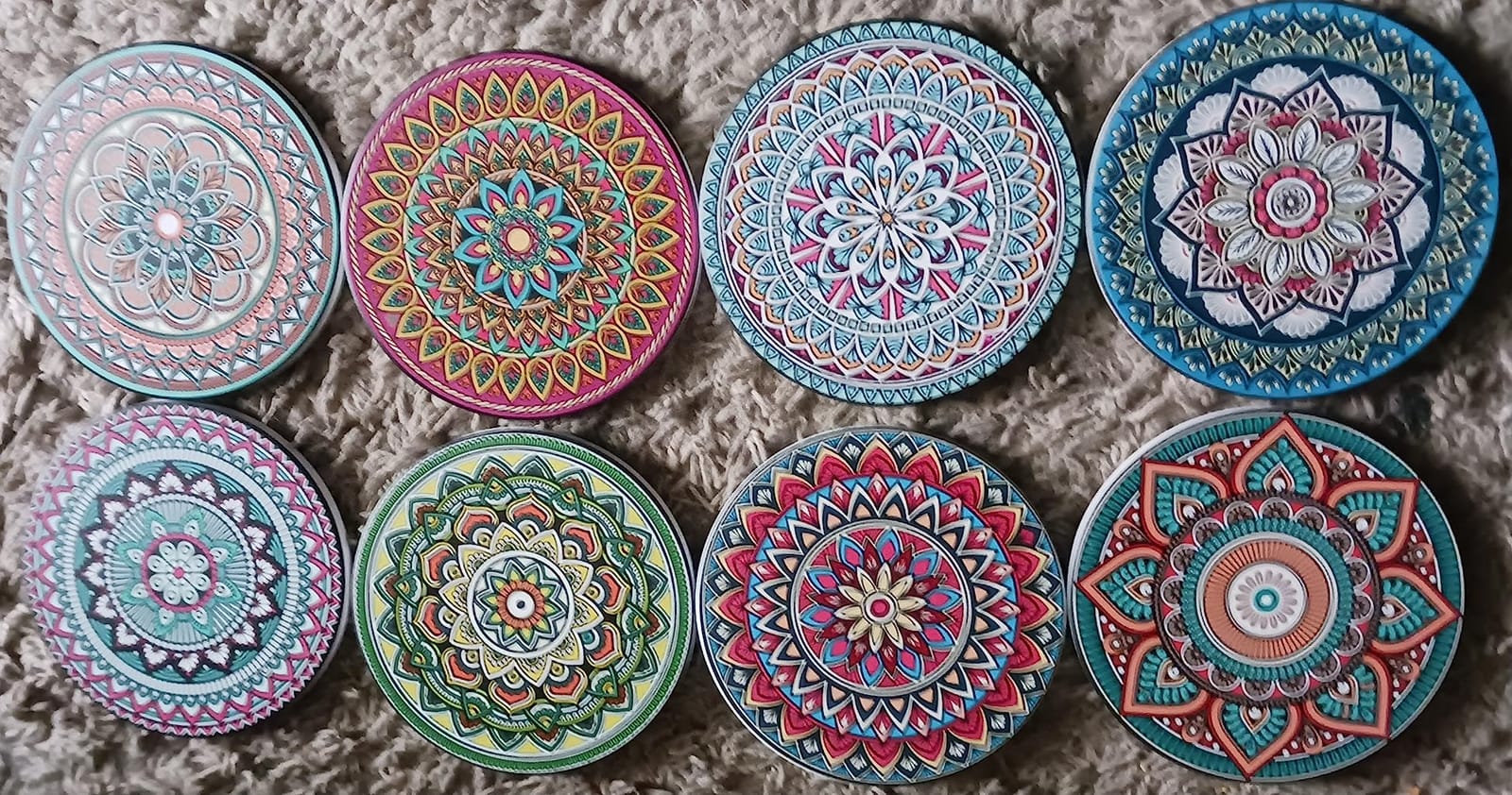 Mandala Drink Coasters with Holder - 8 Set Ceramic Boho Coaster for Drinks Absorbent with Cork Base and Black Holder - Coasters for Coffee Table Apartment Wooden Bar Mugs Glasses Cup Beer customer photo 1