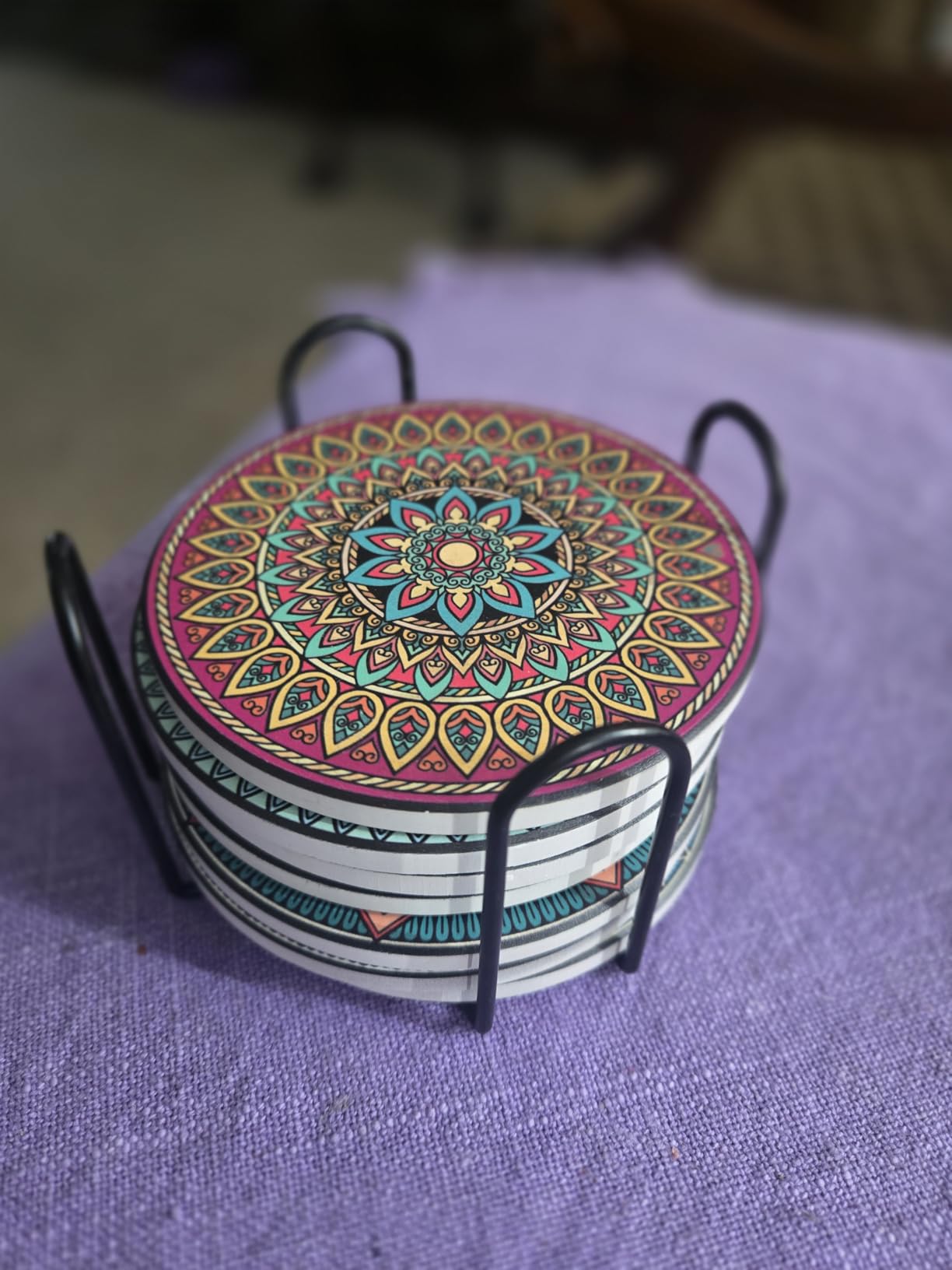 Mandala Drink Coasters with Holder - 8 Set Ceramic Boho Coaster for Drinks Absorbent with Cork Base and Black Holder - Coasters for Coffee Table Apartment Wooden Bar Mugs Glasses Cup Beer customer photo 2