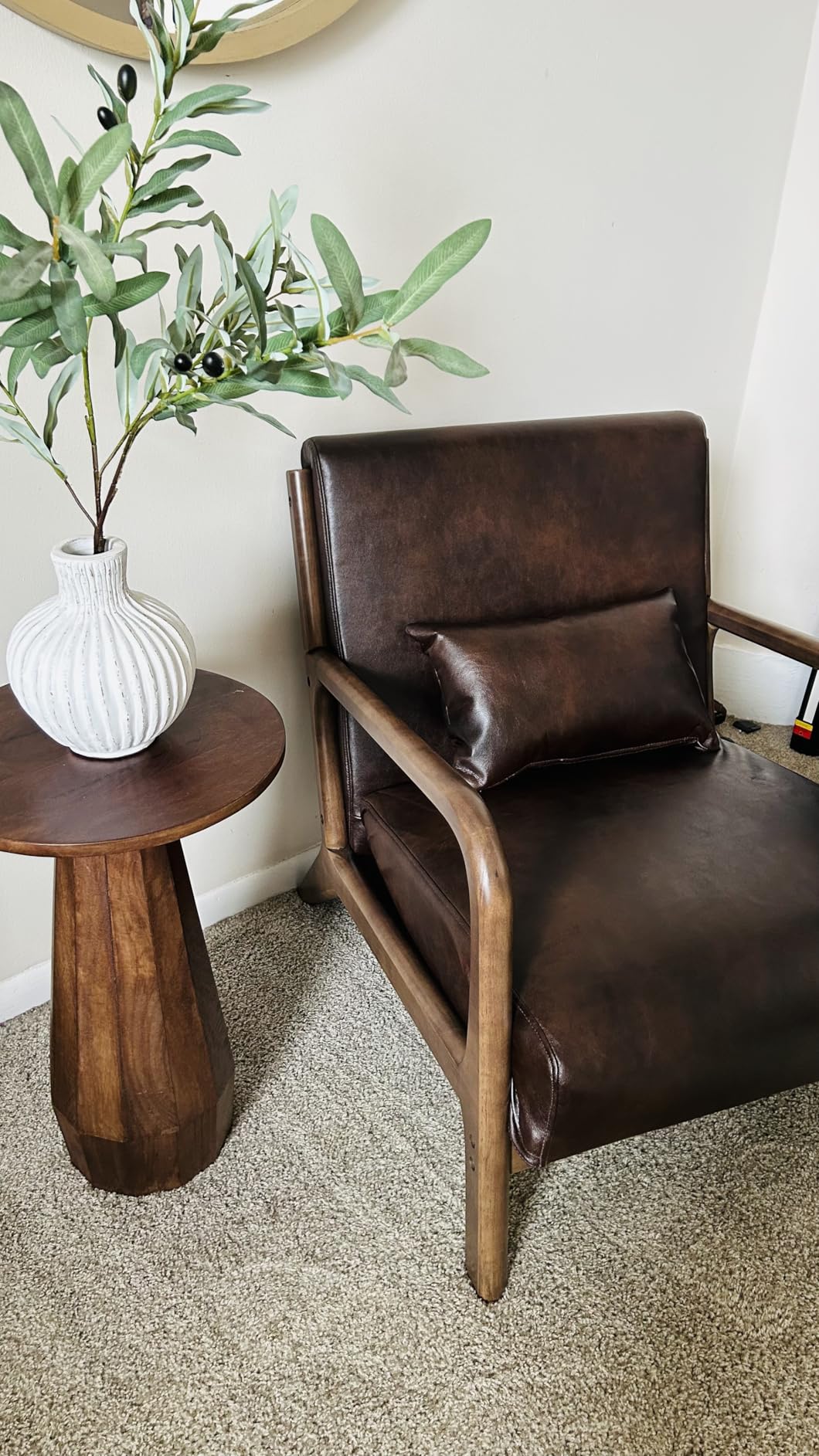 INZOY Mid Century Modern Accent Chair with Wood Frame, PU Leather Reading Armchair with Waist Cushion, Upholstered Living Room Chairs for Bedroom Sunroom (Camel) customer photo 1