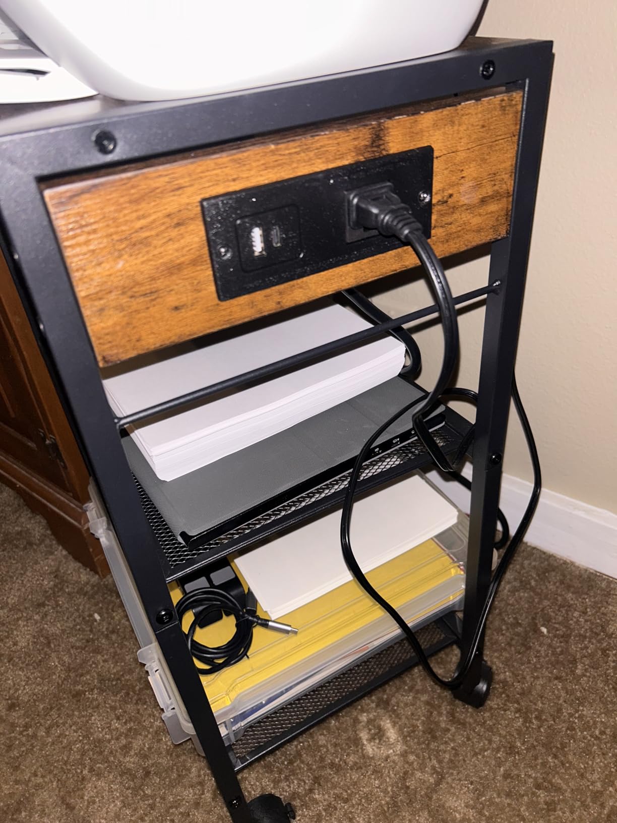 HOOBRO Industrial Printer Stand, 3-Tier Mobile Printer Table, Rolling Cart with Power Outlets and USB Ports, Home Printer Stand with 2 Hooks, Black BB22UPS01 customer photo 2