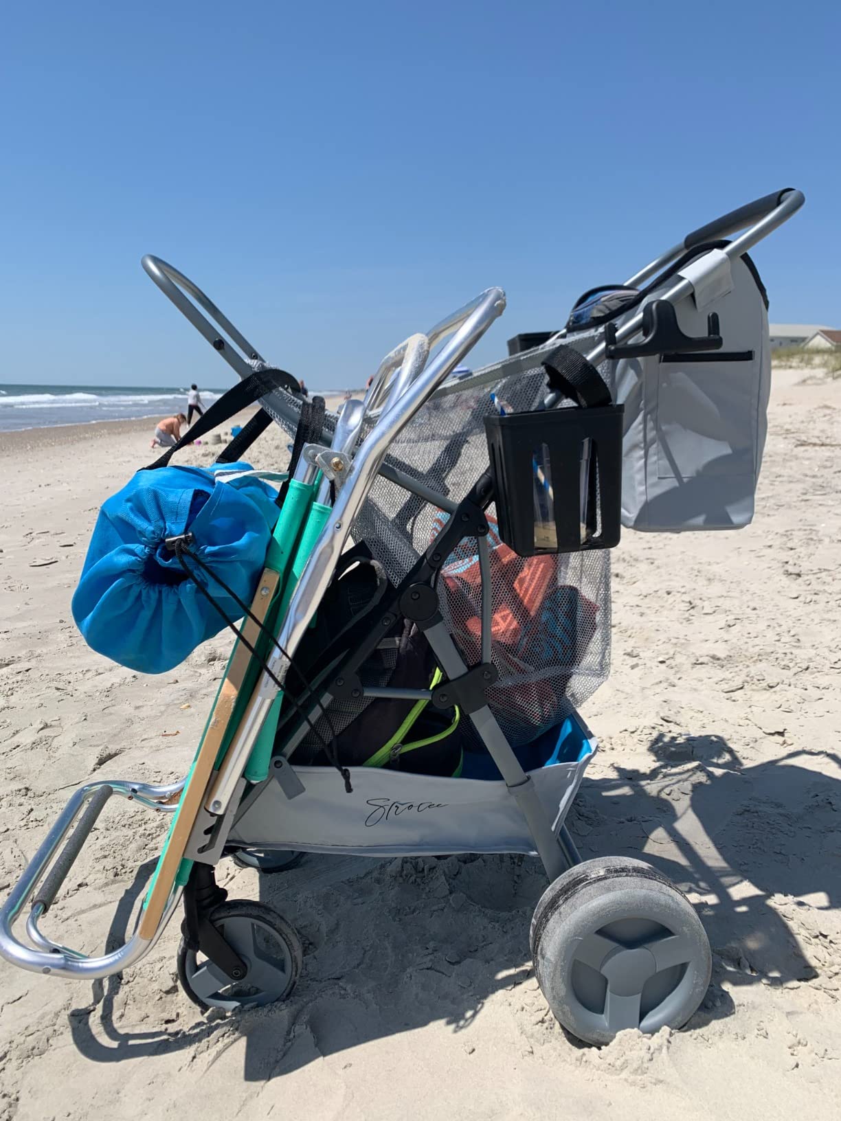Strolee Large Wheeled Collapsible Beach Cart for Soft Sand, Shopping, Camping & Garden- Lightweight Aluminum Frame- Removable Storage Bag with Carrying Straps, X-L Capacity & Cooler Rack (Blue) customer photo 1