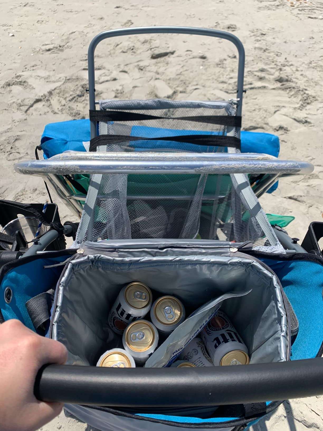 Strolee Large Wheeled Collapsible Beach Cart for Soft Sand, Shopping, Camping & Garden- Lightweight Aluminum Frame- Removable Storage Bag with Carrying Straps, X-L Capacity & Cooler Rack (Blue) customer photo 2