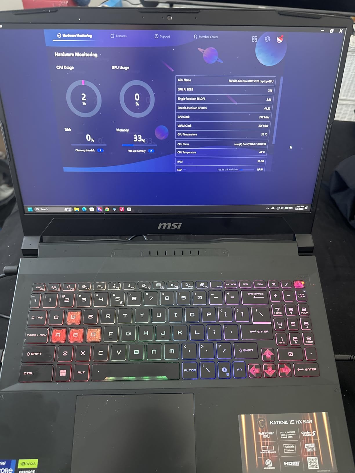 msi Katana 15 HX 15.6” 165Hz QHD+ Gaming Laptop: Intel Core i9-14900HX, NVIDIA Geforce RTX 5070, 32GB DDR5, 1TB NVMe SSD, RGB Keyboard, Win 11 Home: Black B14WGK-016US customer photo 2