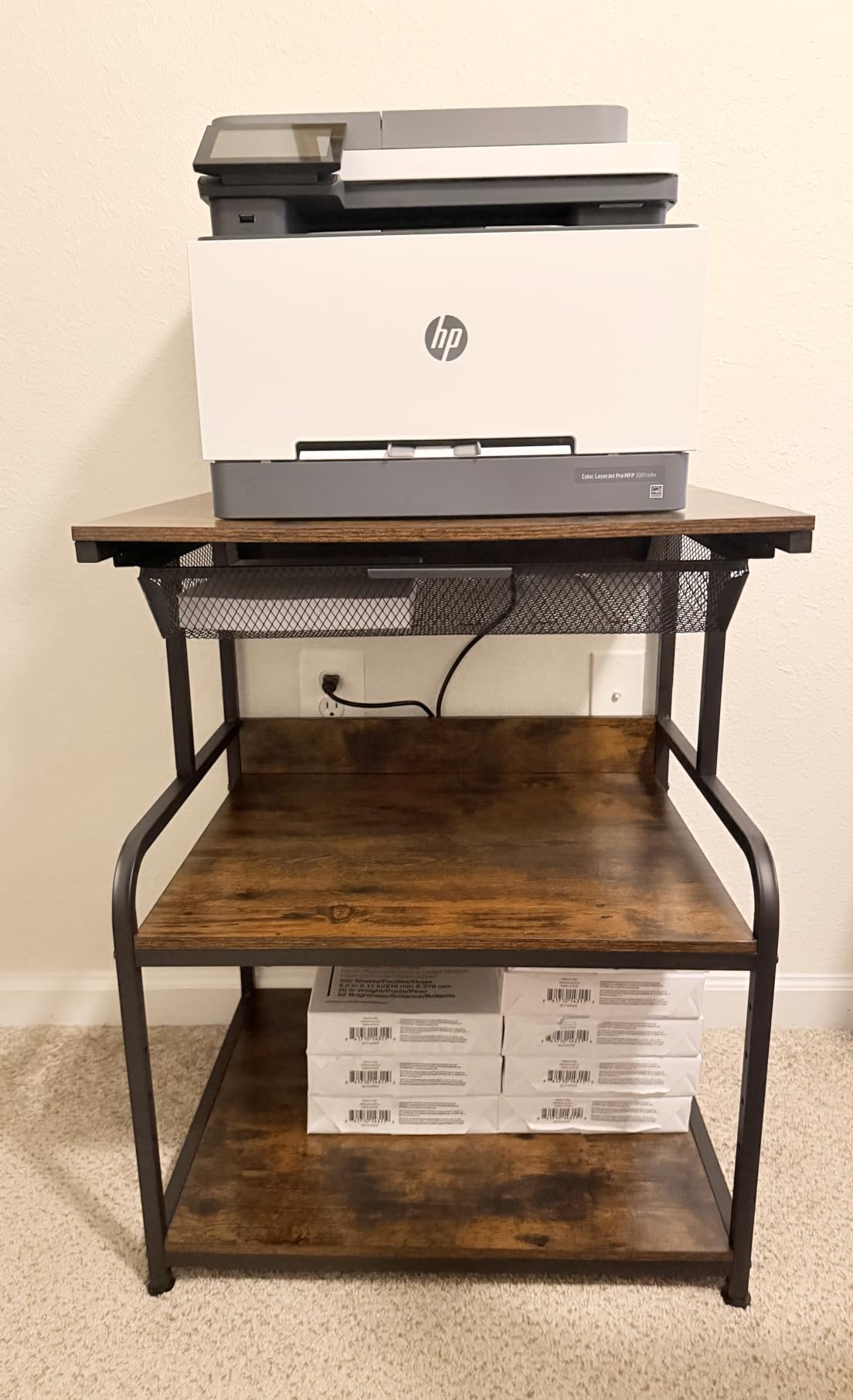 EasyCom Large Printer Stand with Drawer, 3-Tier Industrial Rolling Cart, 5 Adjustable Shelves, Mobile Printer Table for Desk & Home Office, Rustic Brown customer photo 2
